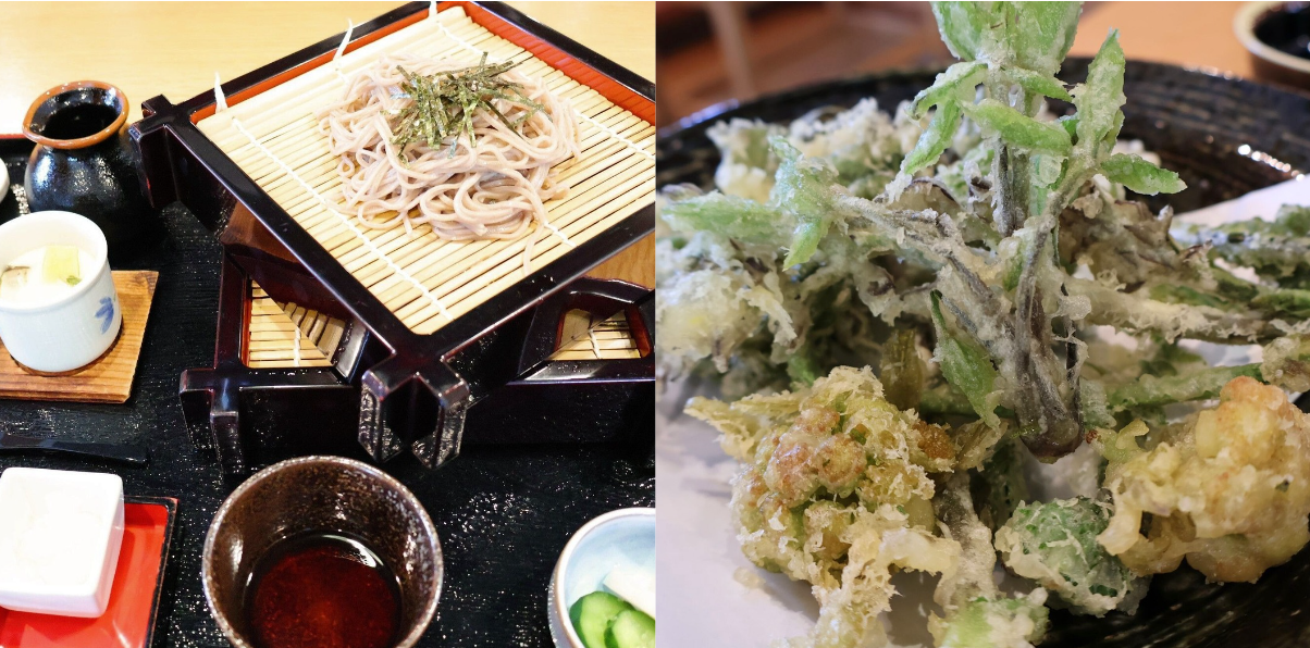 和食処なかつ川のざるそば定食と山菜の天ぷら