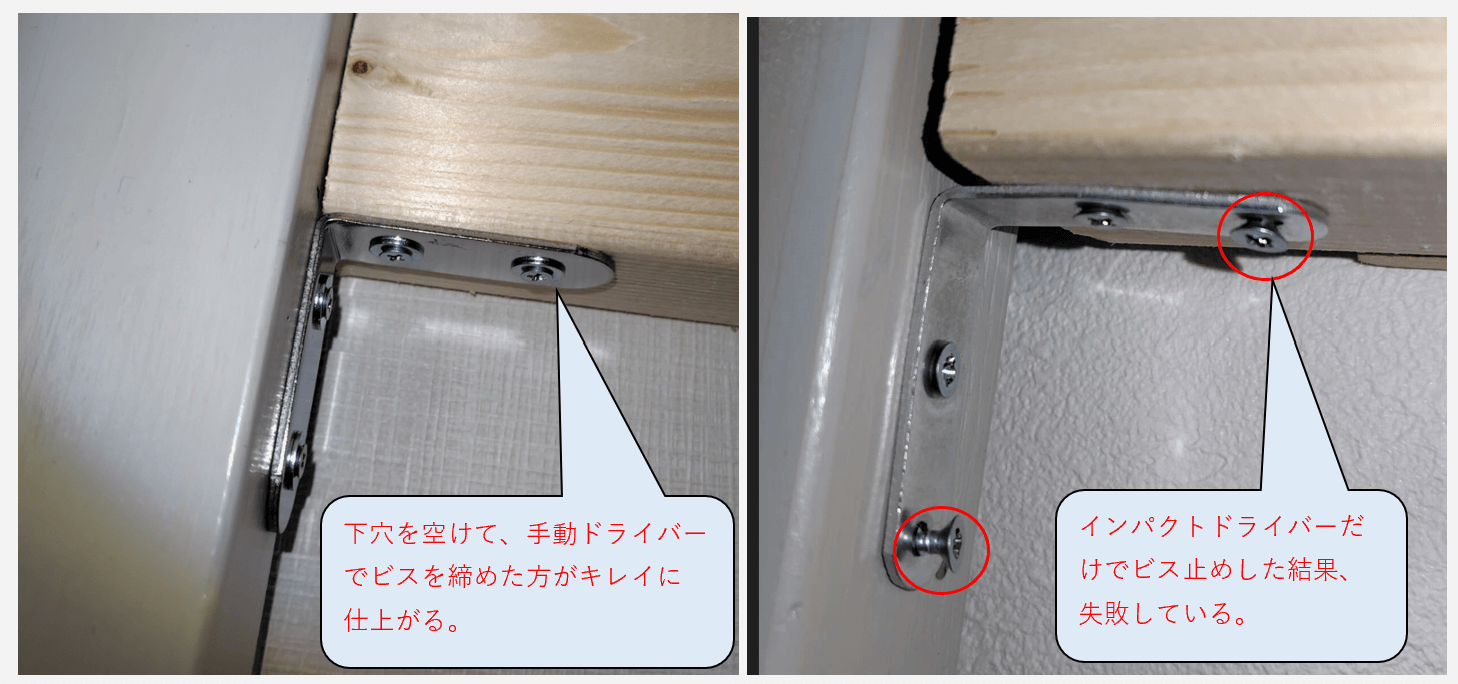 下穴を空けることでキレイにビス打ち出来る