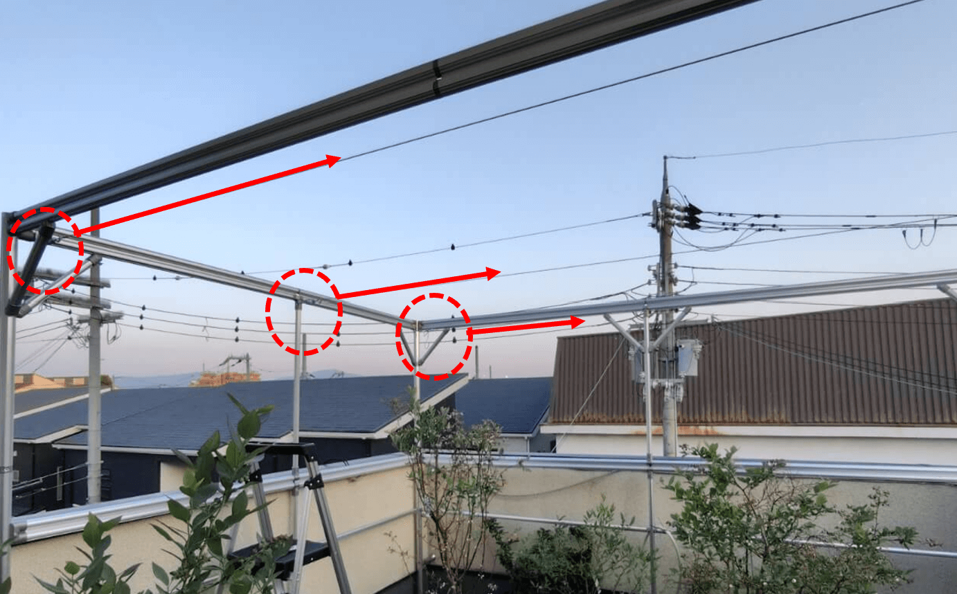 屋根枠に2mmワイヤーを設置した状態